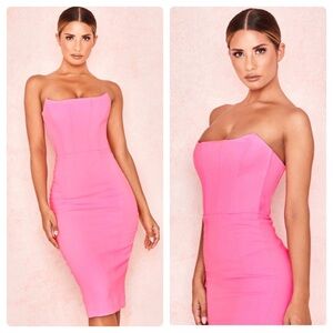 House Of CB Niaz Crepe Corset Strapless Dress Midi Pencil Pink Size L